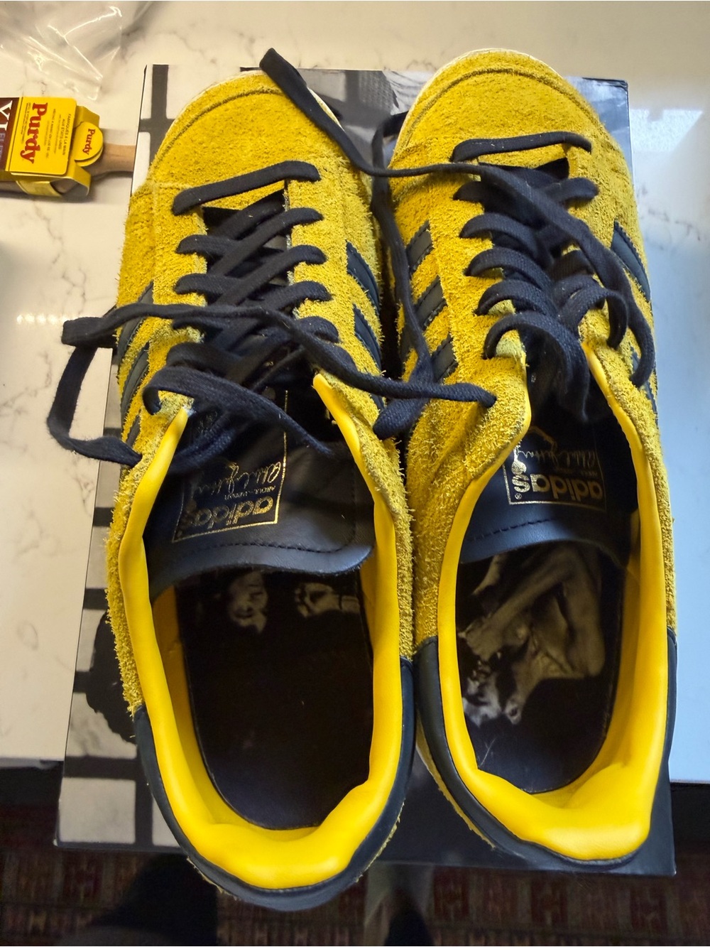 Abdul jabbar & bruce Lee adidas Men’s Yellow Suede Sneakers with Black Stripes